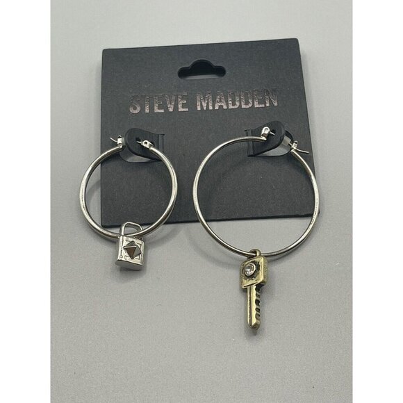 Steve Madden Silver-Brass Lock & Key Charms Pave Accent Two Sized Hoop Earrings - Picture 4 of 4